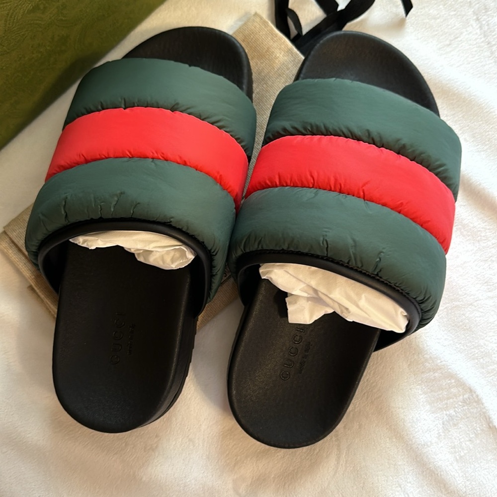 Gucci Puffer Nylon Slides Black/Red/Green Sandal Women’s Size 37 Made In Italy